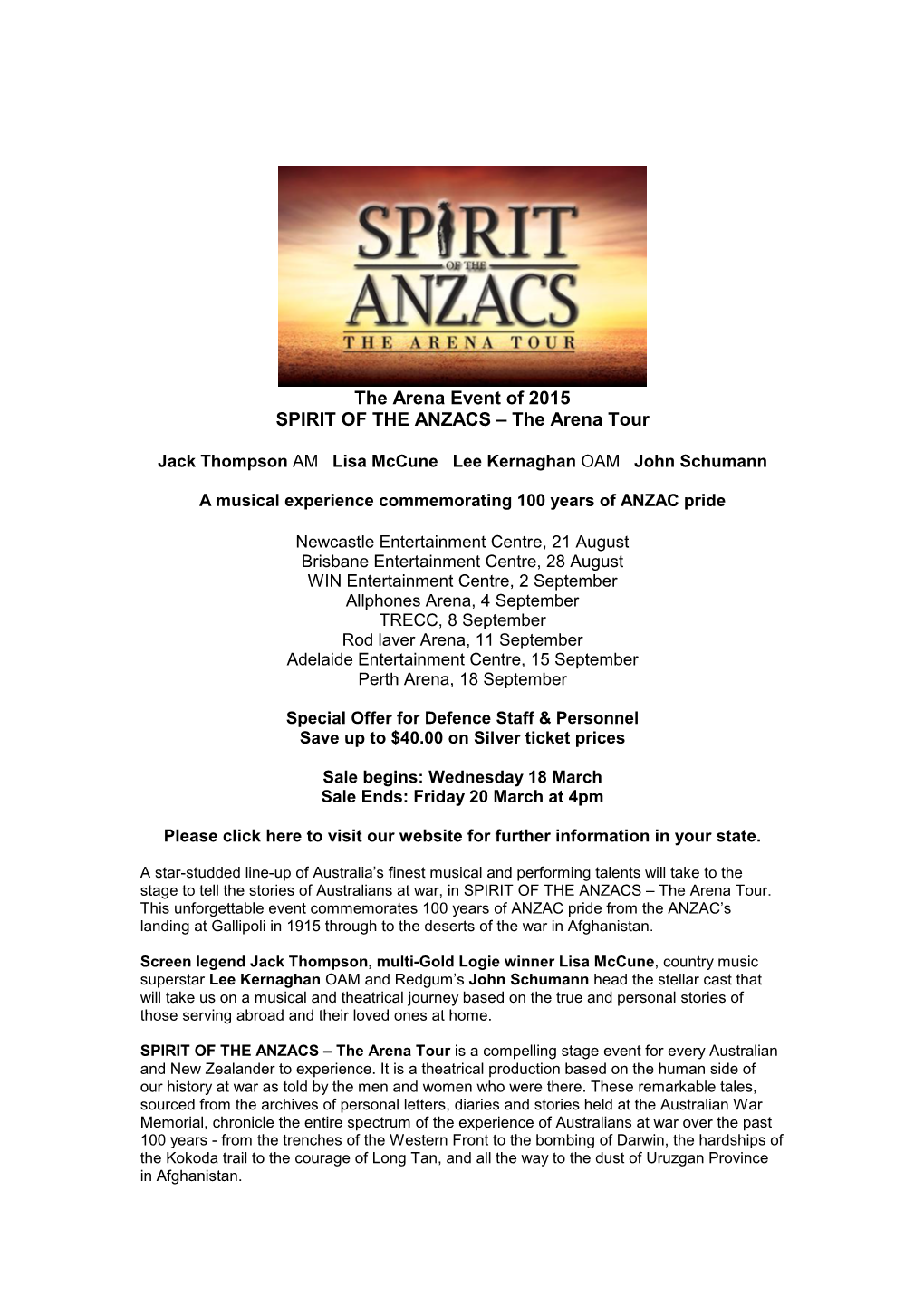 The Arena Event of 2015 SPIRIT of the ANZACS – the Arena Tour