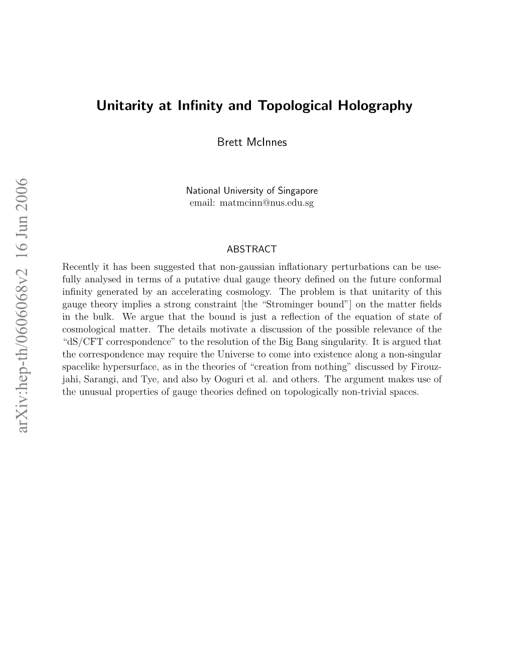 Unitarity at Infinity and Topological Holography