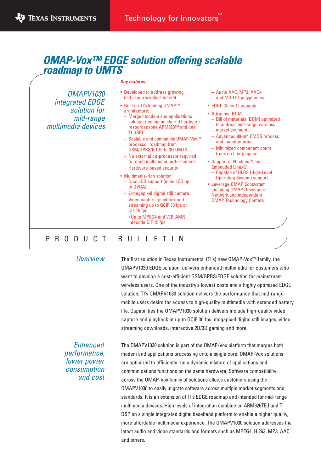 OMAP-Vox™ EDGE Solution Offering Scalable Roadmap to UMTS Key Features