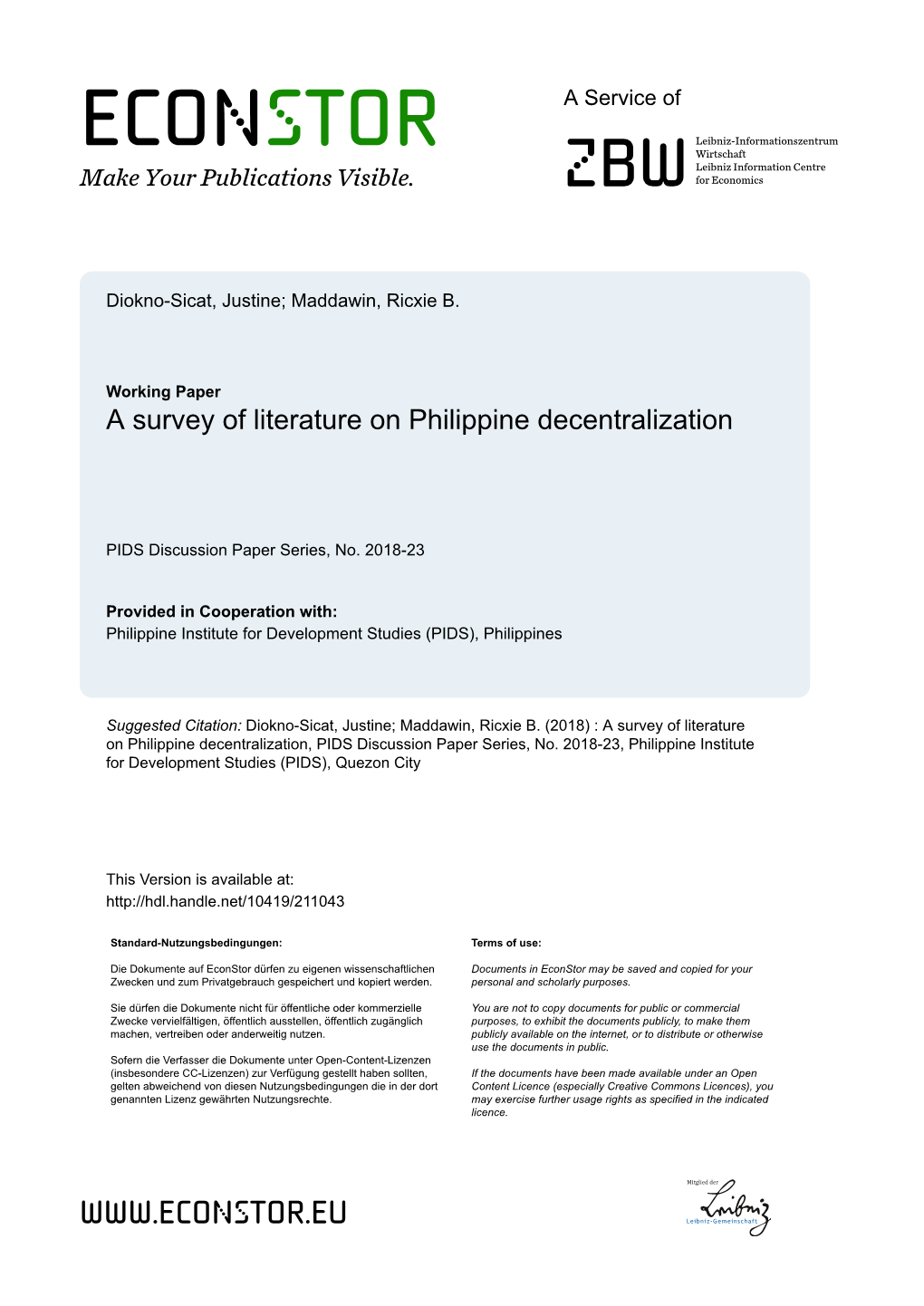 A Survey of Literature on Philippine Decentralization
