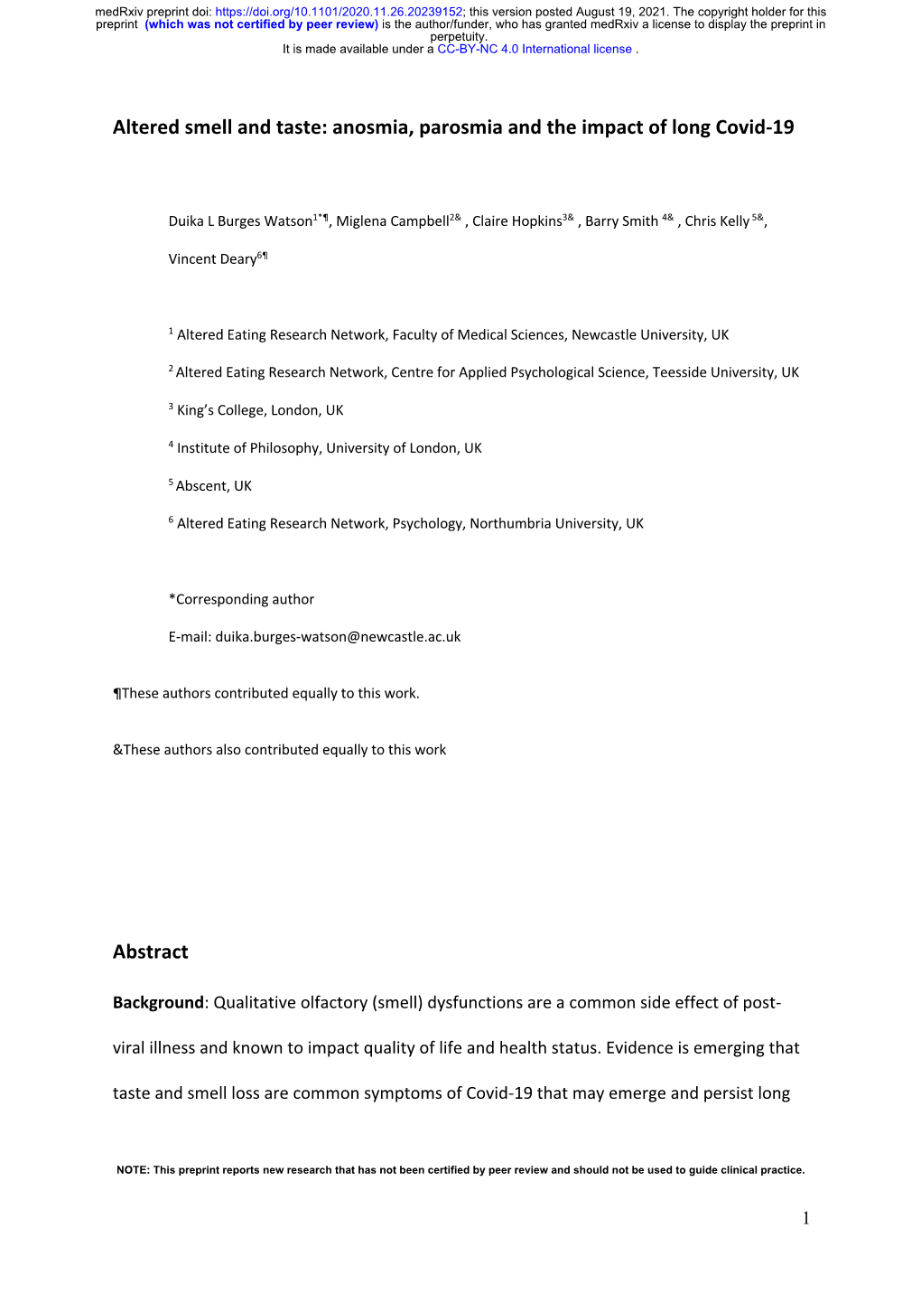 Anosmia, Parosmia and the Impact of Long Covid-19