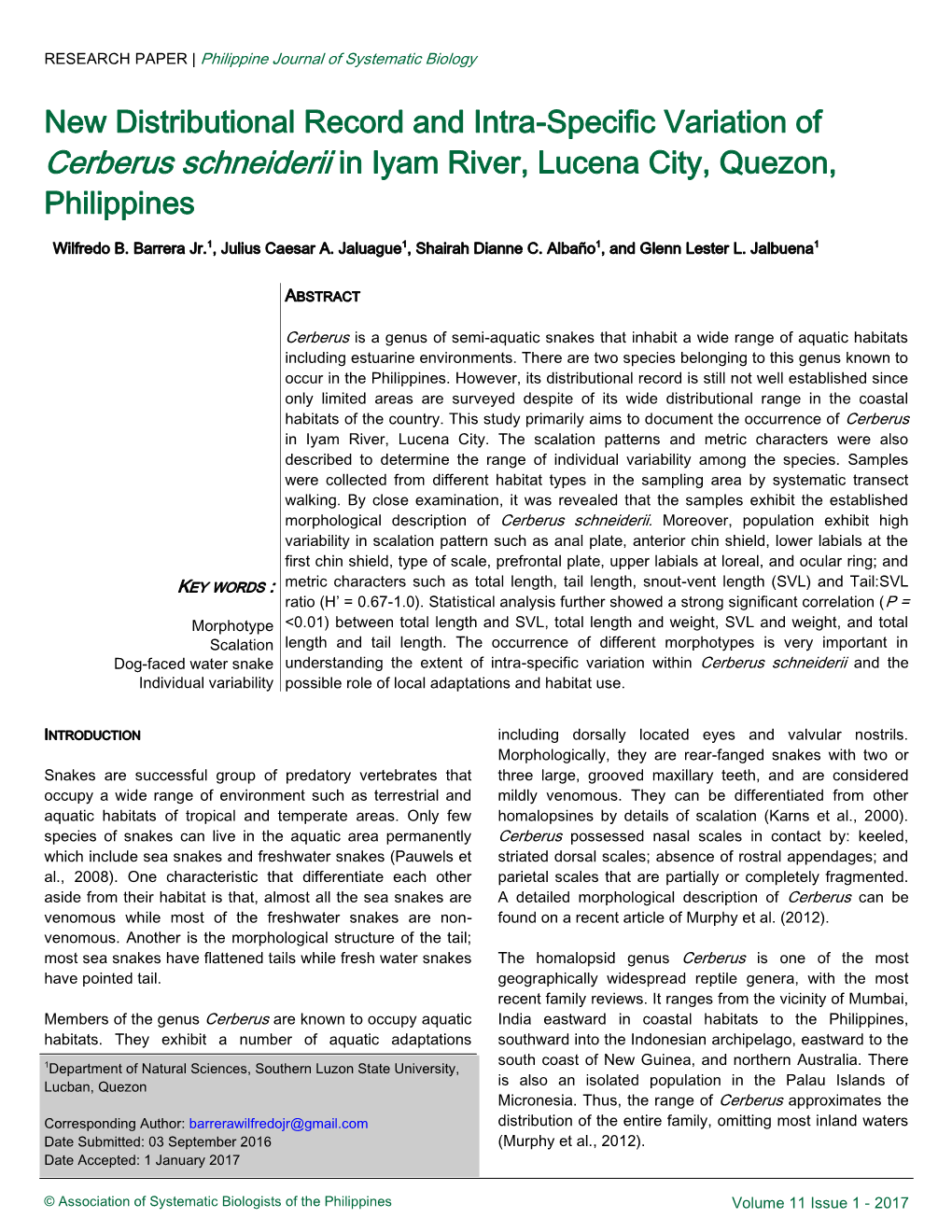 New Distributional Record and Intra-Specific Variation of Cerberus Schneiderii in Iyam River, Lucena City, Quezon, Philippines