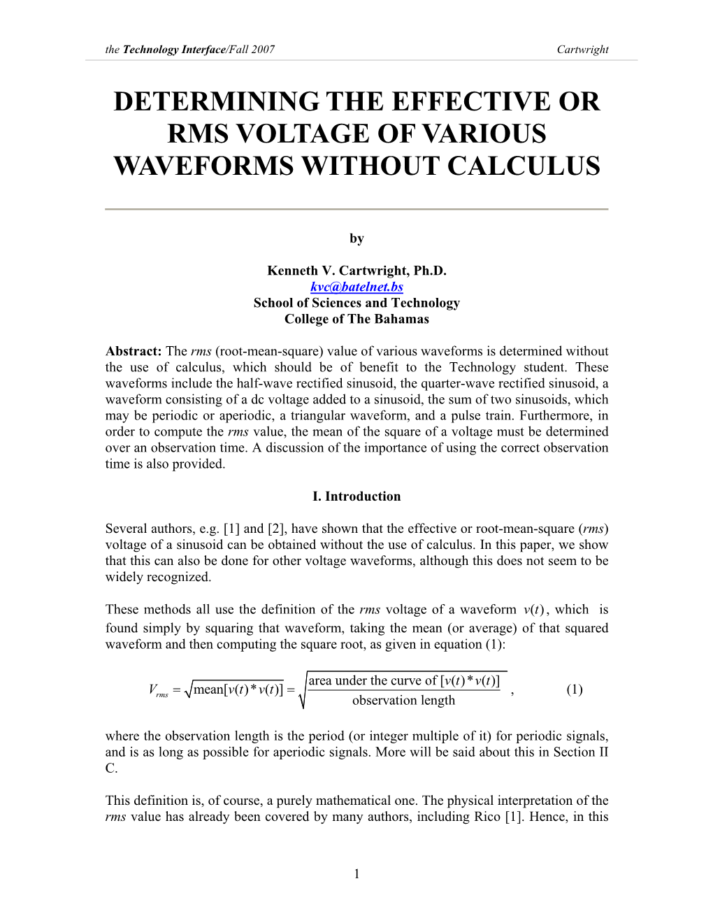 Determining the Effective Or Rms Voltage of Various Waveforms Without Calculus