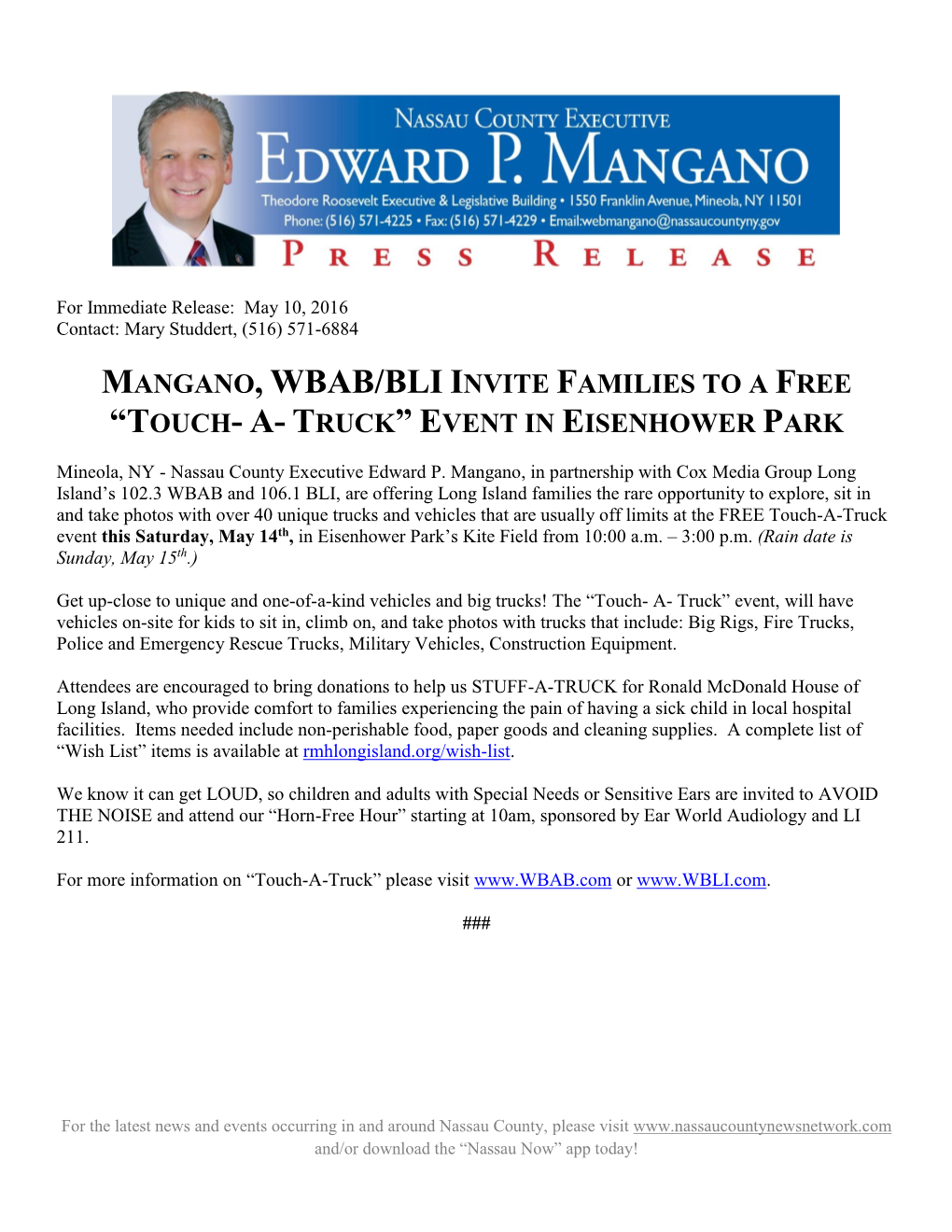Mangano, Wbab/Bli Invite Families to a Free “Touch- A- Truck” Event in Eisenhower Park