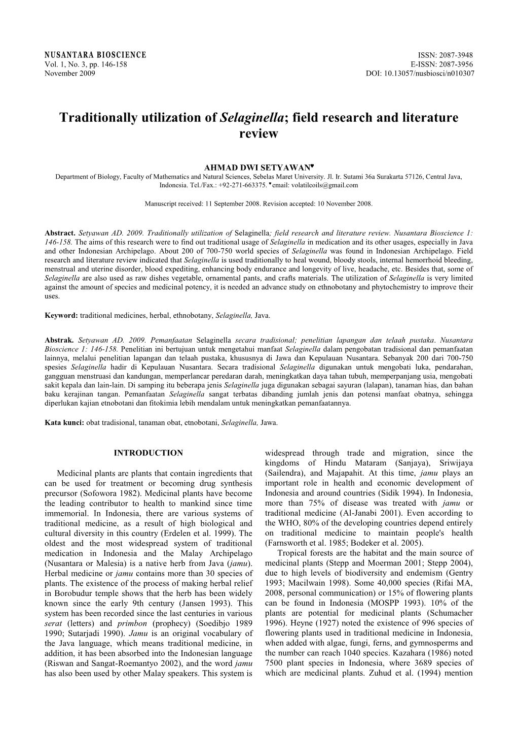 Traditionally Utilization of Selaginella; Field Research and Literature Review