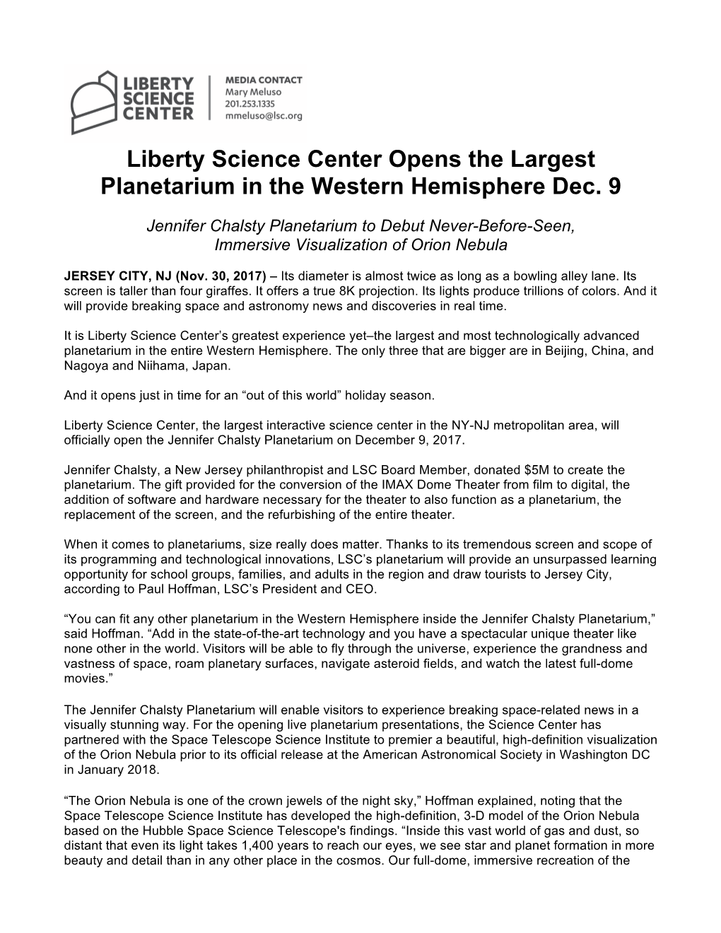 Liberty Science Center Opens the Largest Planetarium in the Western Hemisphere Dec