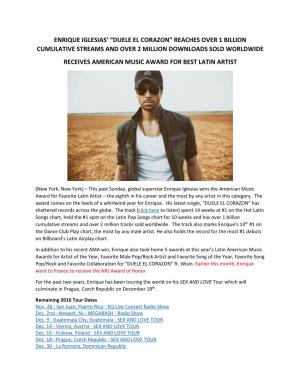 Enrique Iglesias' “Duele El Corazon” Reaches Over 1 Billion Cumulative Streams and Over 2 Million Downloads Sold Worldwide