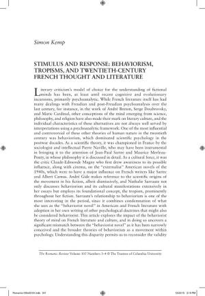 Simon Kemp STIMULUS and RESPONSE: BEHAVIORISM, TROPISMS, and TWENTIETH-CENTURY FRENCH THOUGHT and LITERATURE