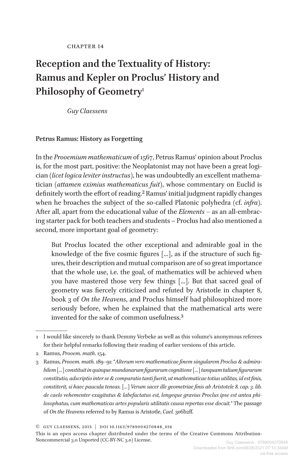 Ramus and Kepler on Proclus' History and Philosophy of Geometry1