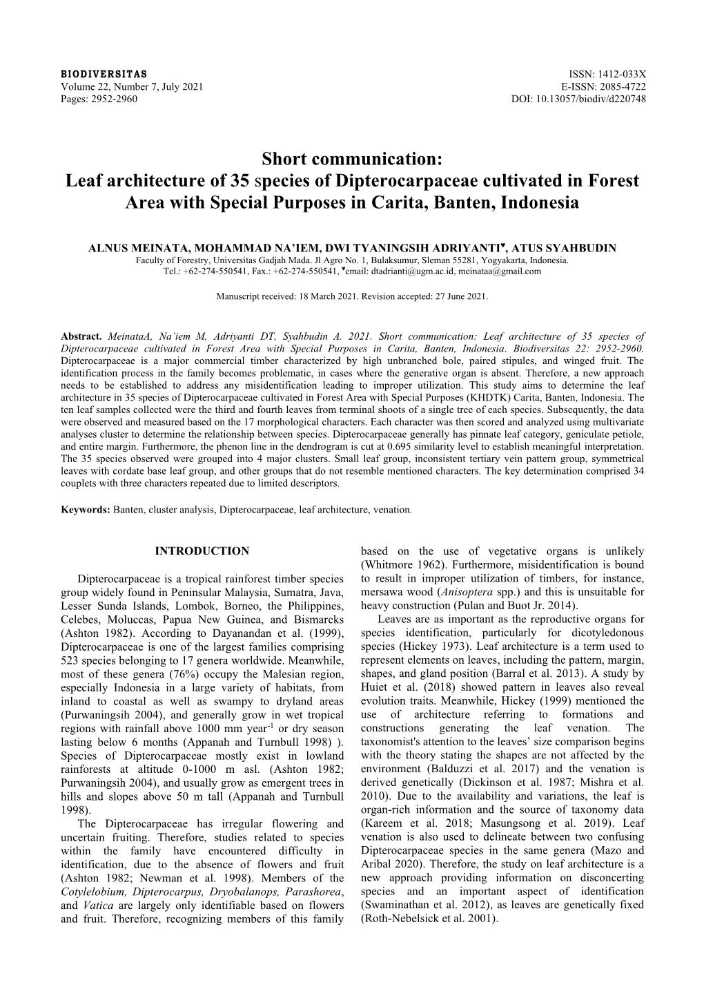 Leaf Architecture of 35 Species of Dipterocarpaceae Cultivated in Forest Area with Special Purposes in Carita, Banten, Indonesia