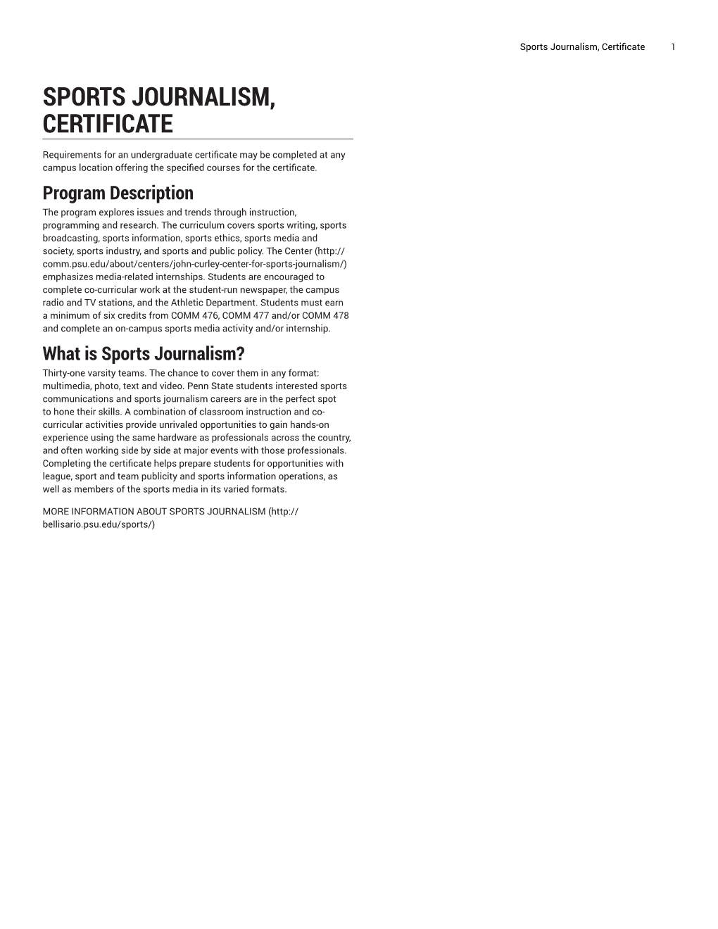 Sports Journalism, Certificate