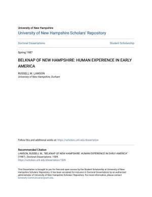 Belknap of New Hampshire: Human Experience in Early America