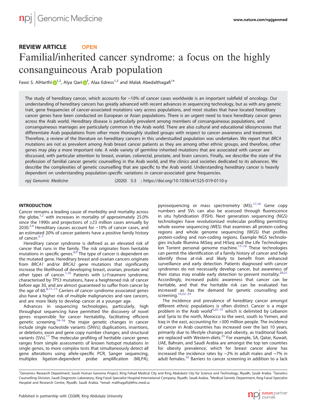Familial/Inherited Cancer Syndrome: a Focus on the Highly Consanguineous Arab Population