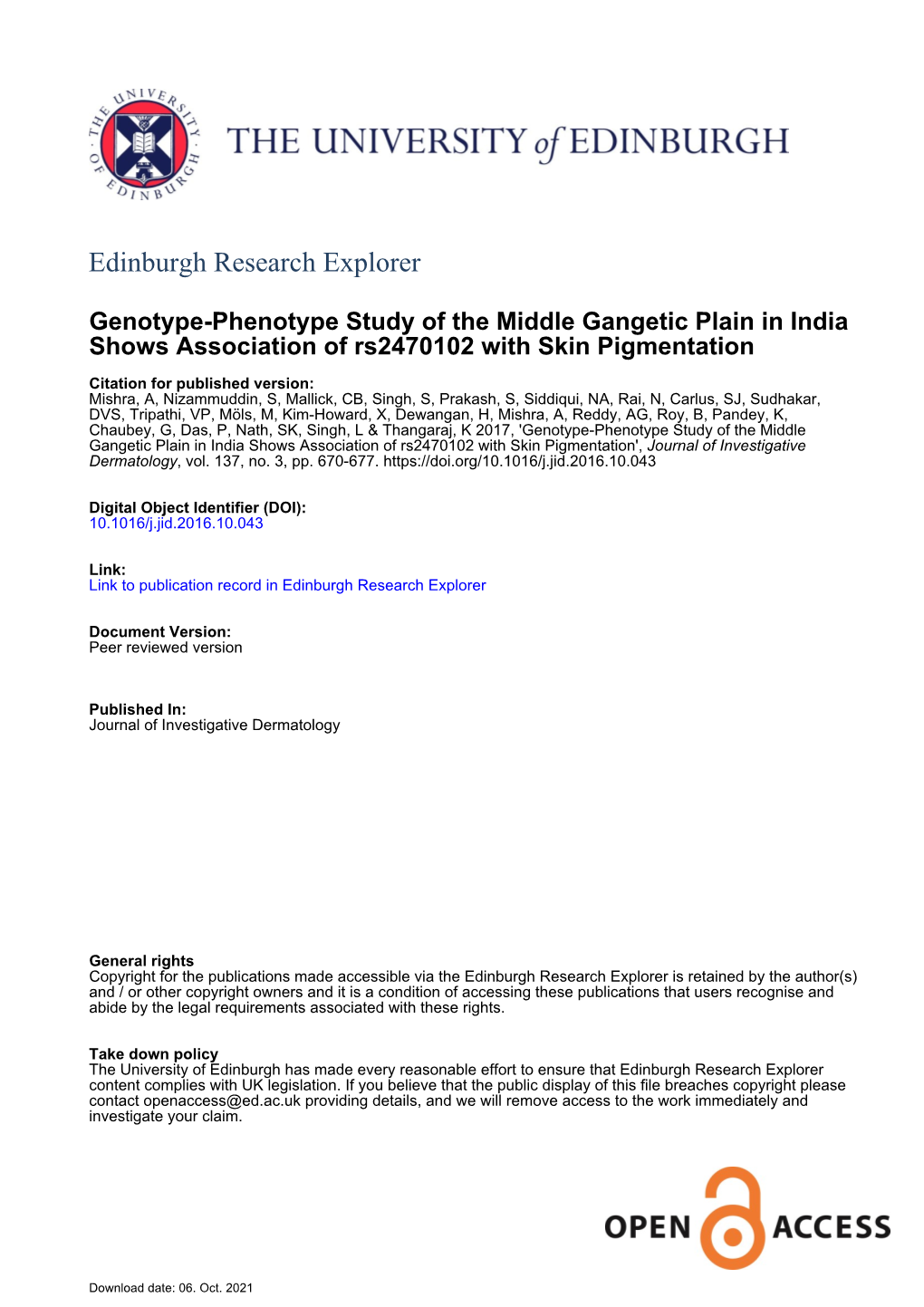 Genotype-Phenotype Study of Middle Gangetic Plain in India Reveals Association of Rs2470102 with Skin Pigmentation