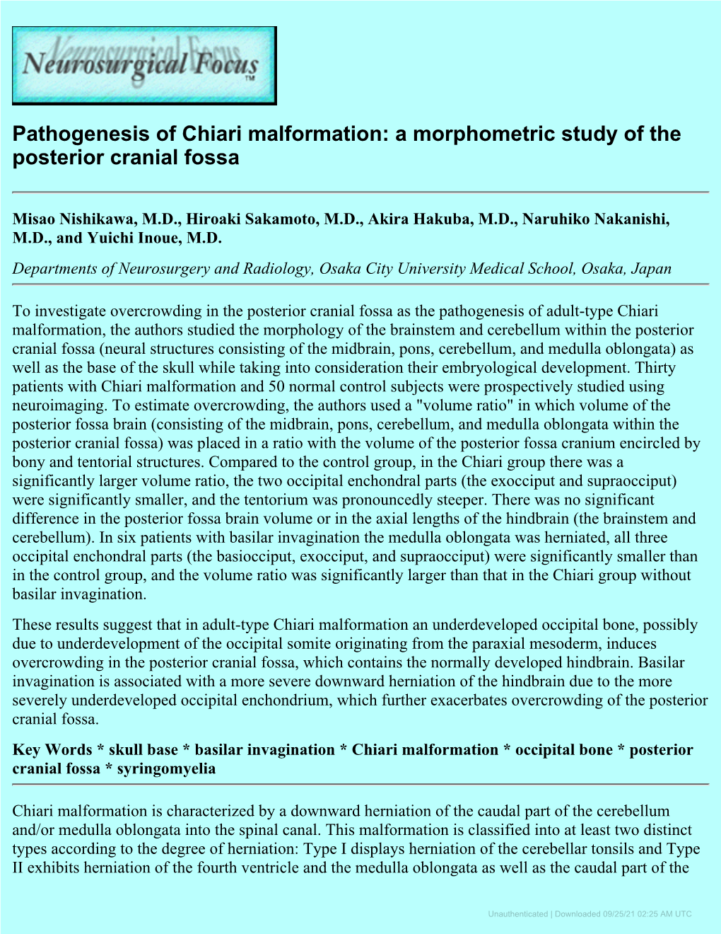 Pathogenesis of Chiari Malformation: a Morphometric Study of the Posterior Cranial Fossa