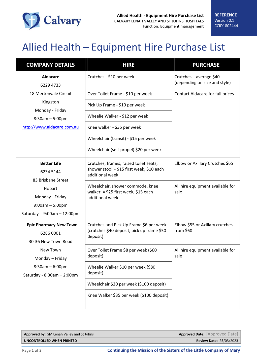 Allied Health - Equipment Hire Purchase List REFERENCE CALVARY LENAH VALLEY and ST JOHNS HOSPITALS Version 0.1 Function: Equipment Management CCID1802444