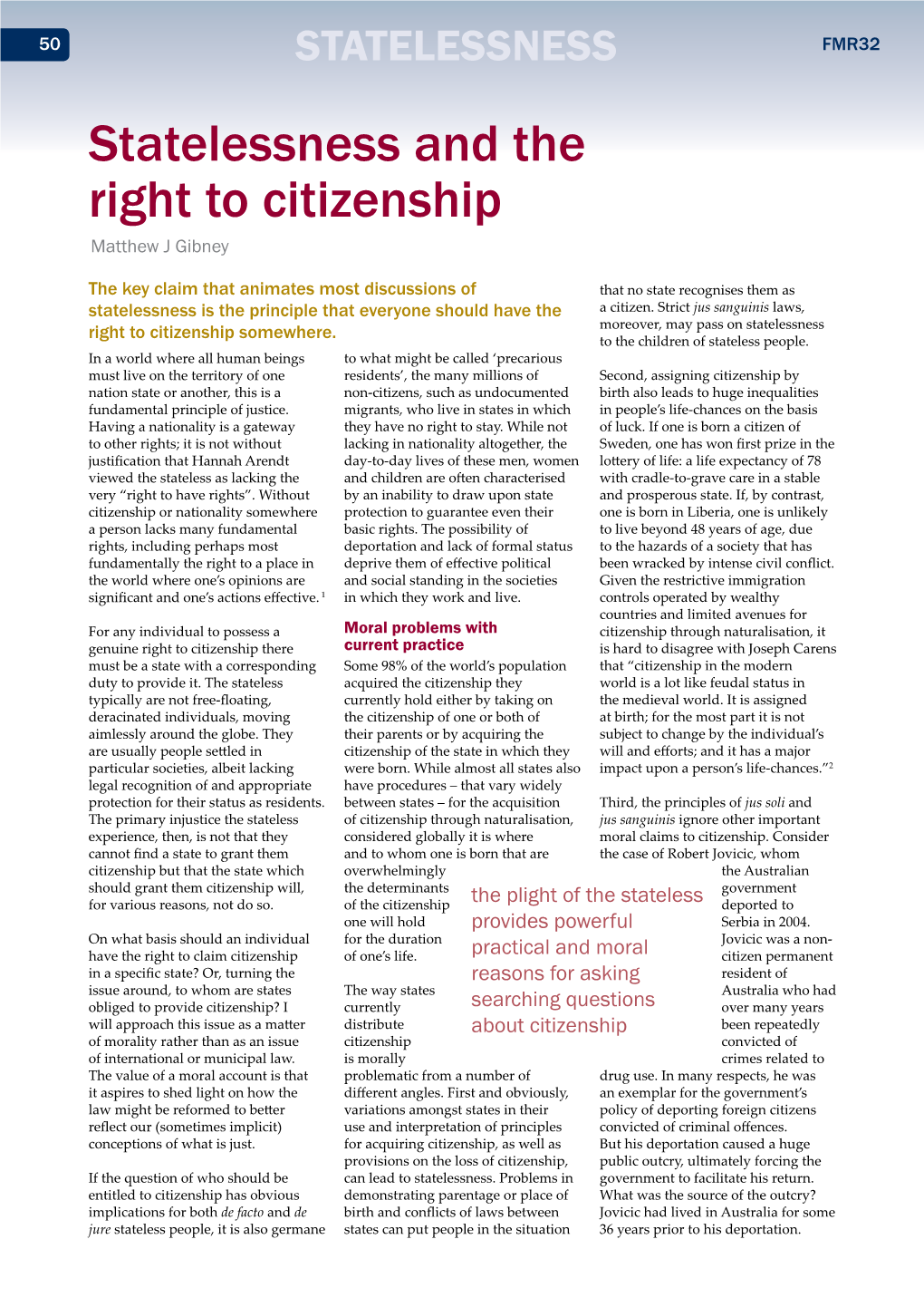 Statelessness and the Right to Citizenship Matthew J Gibney