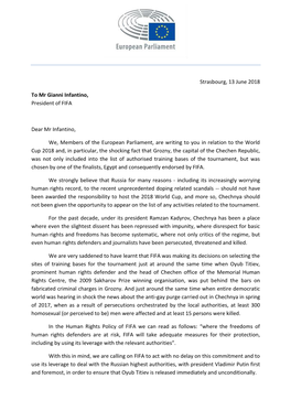Strasbourg, 13 June 2018 to Mr Gianni Infantino, President of FIFA