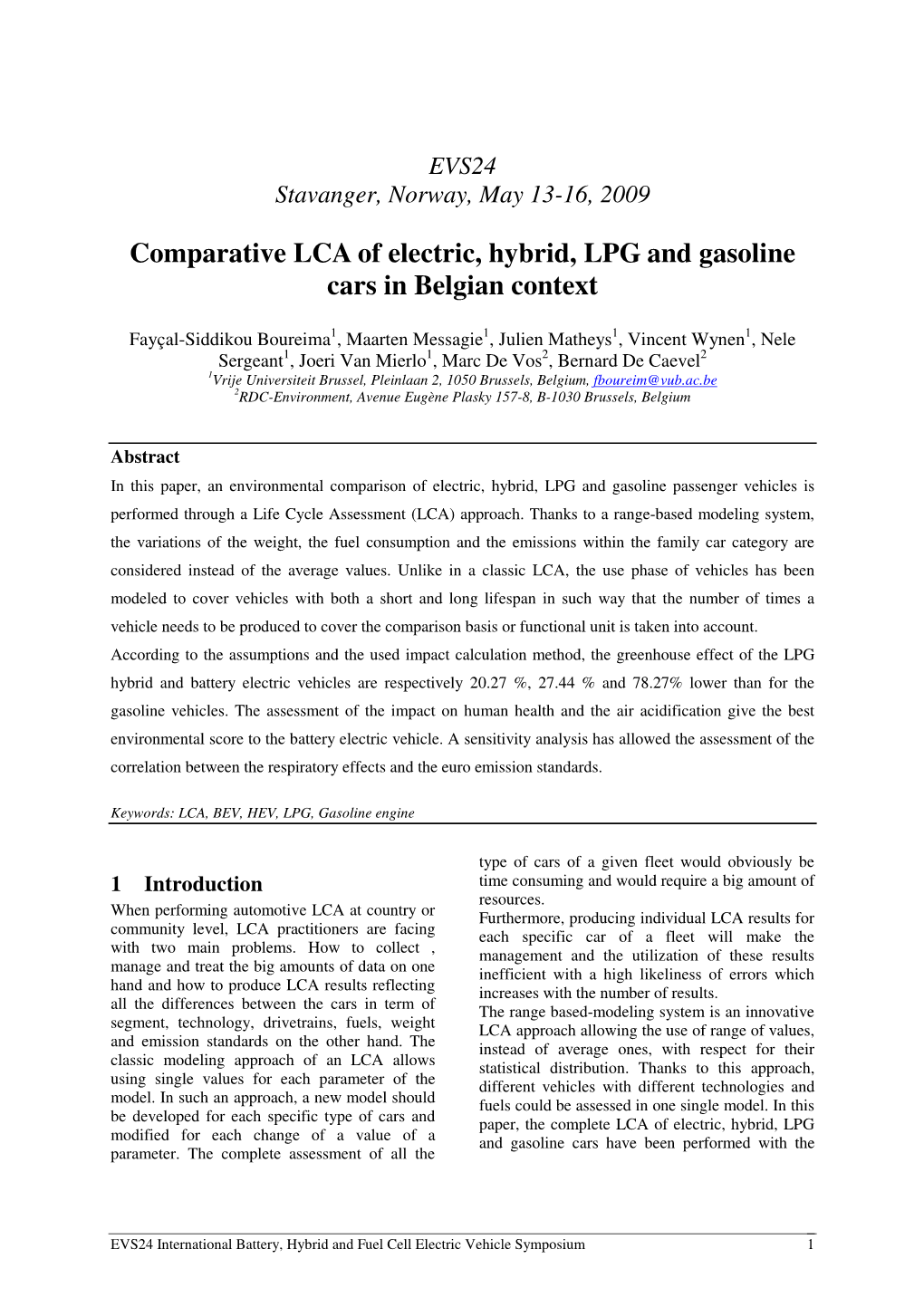 Comparative LCA of Electric, Hybrid, LPG and Gasoline Cars in Belgian Context