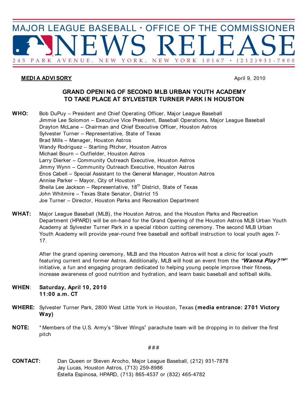 Grand Openi Ng of Second Mlb Urban Youth Academy to Take Place at Sylvester Turner Park I N Houston