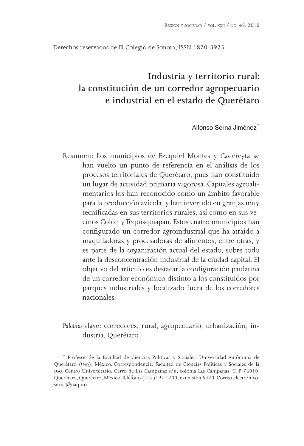 Industria Y Territorio Rural: La Constitución De Un Corredor Agropecuario E Industrial En El Estado De Querétaro