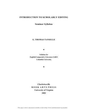 Introduction to Scholarly Editing