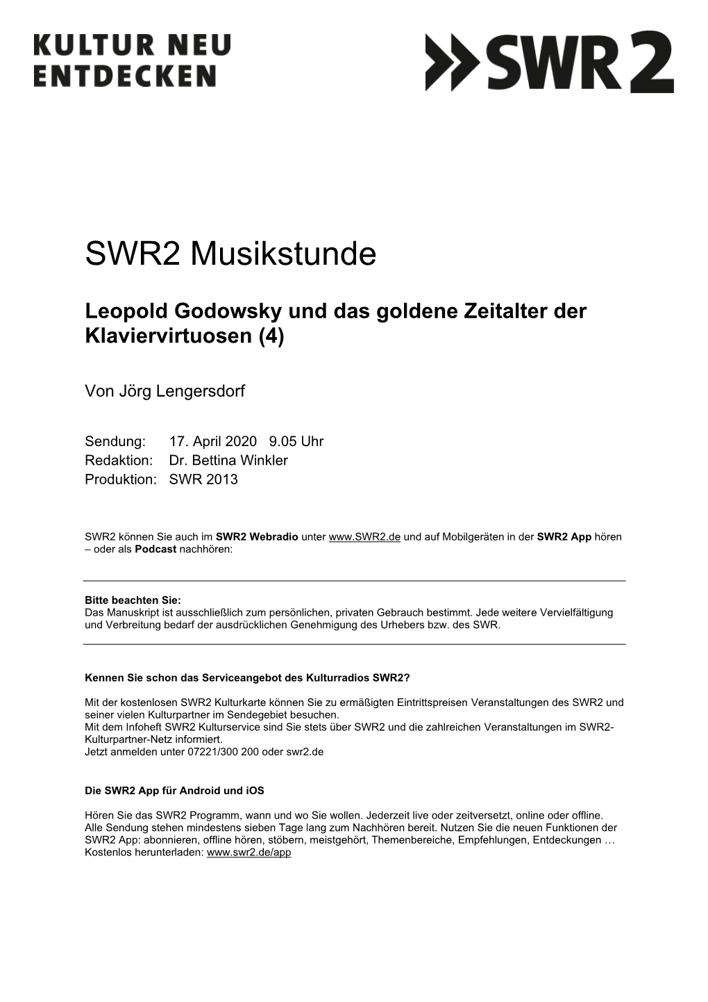 SWR2 Musikstunde Leopold Godowsky Und Das Goldene