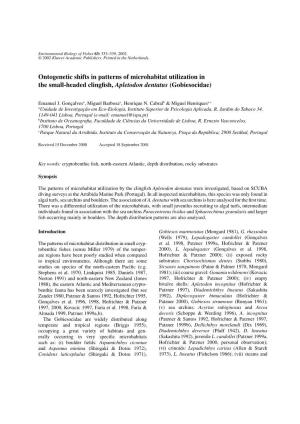 Ontogenetic Shifts in Patterns of Microhabitat Utilization in the Small-Headed Clingﬁsh, Apletodon Dentatus (Gobiesocidae)