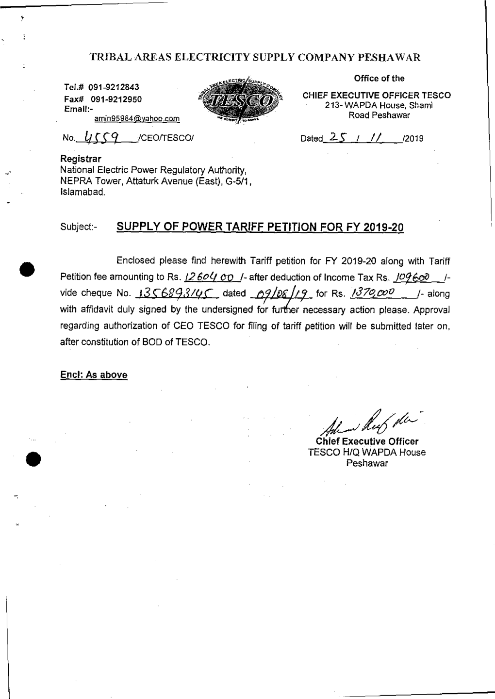 Supply of Power Tariff Petition for Fy 2019 -20