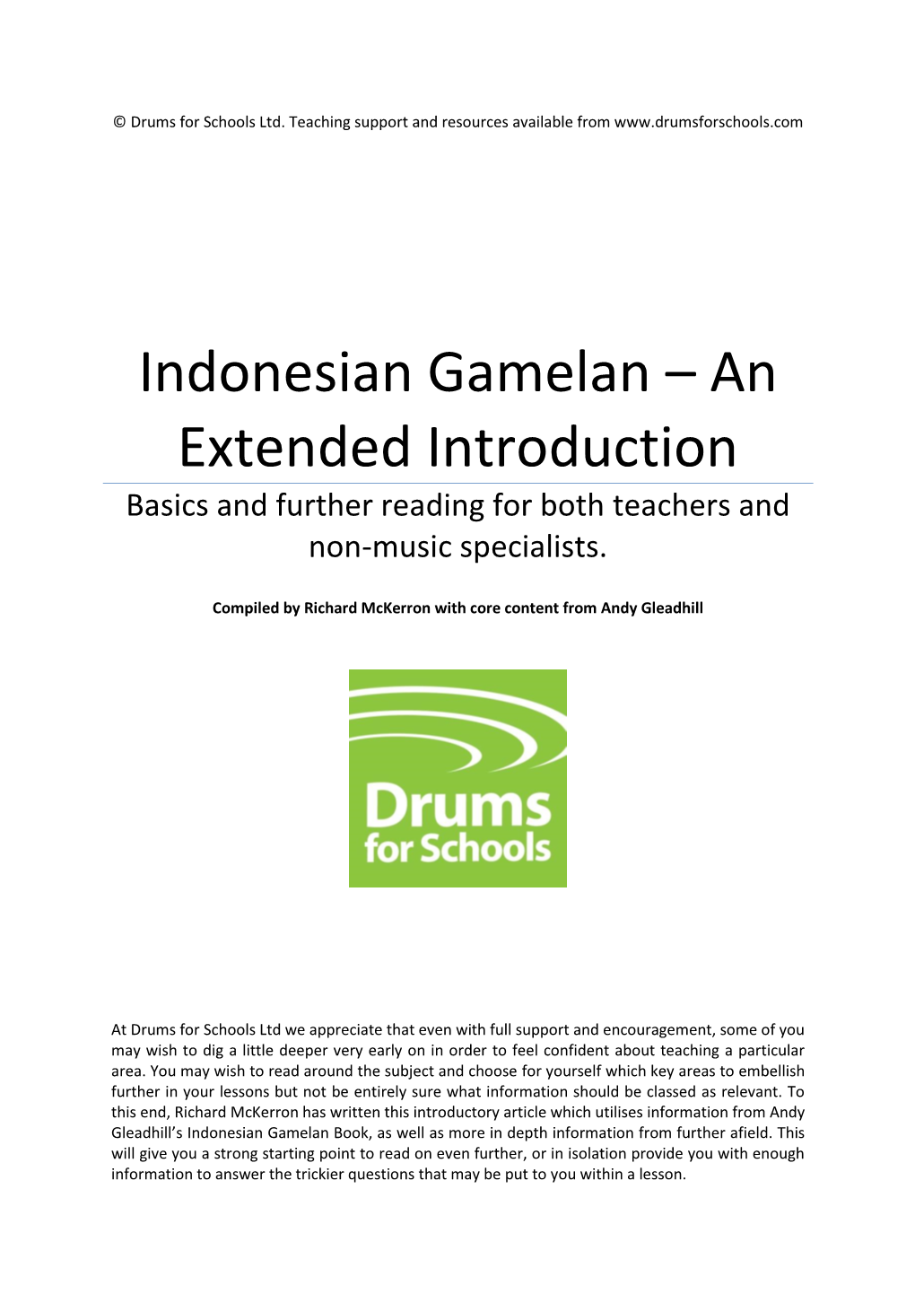 Indonesian Gamelan – an Extended Introduction Basics and Further Reading for Both Teachers and Non-Music Specialists