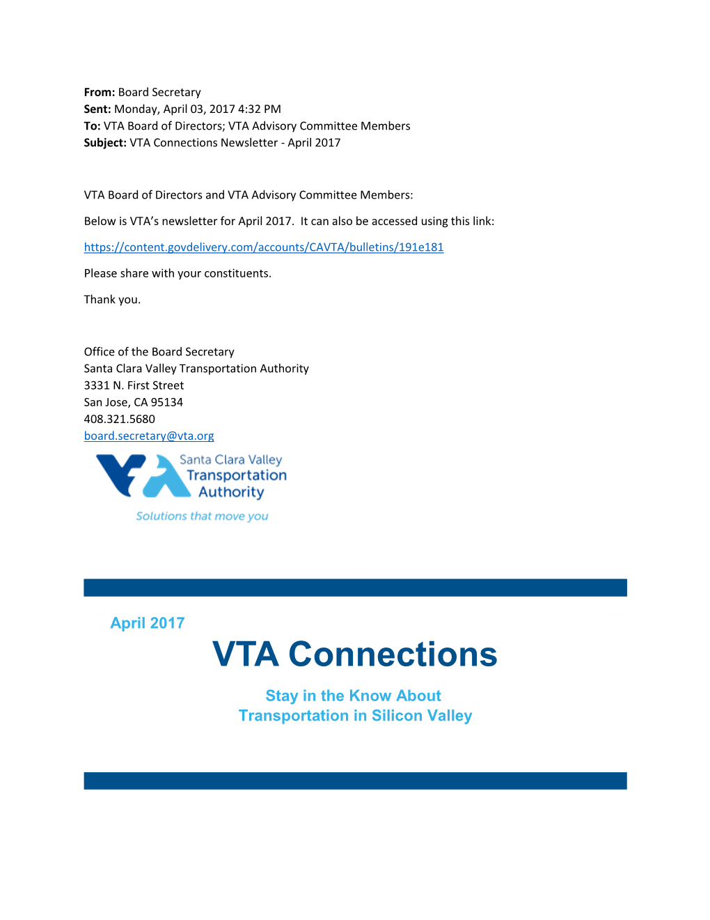 VTA Connections Newsletter - April 2017