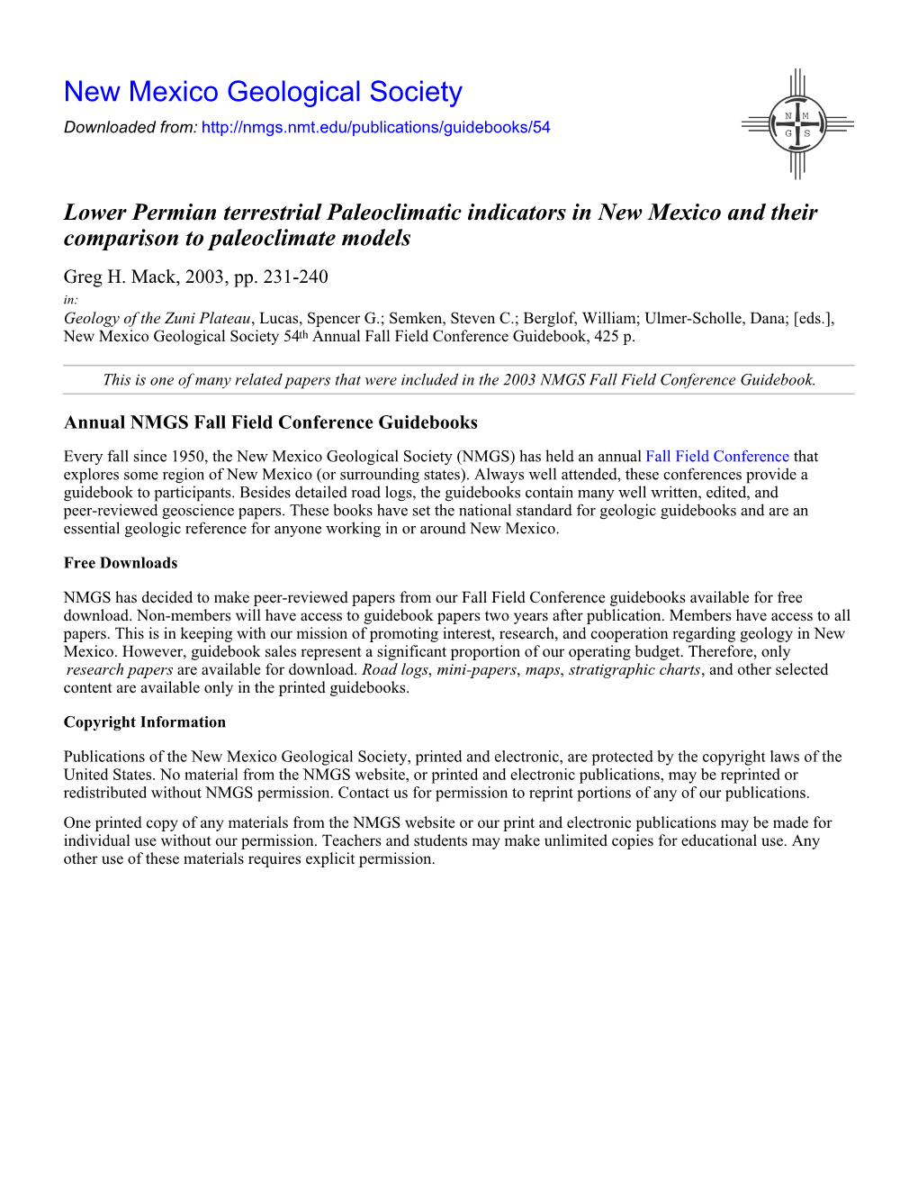 Lower Permian Terrestrial Paleoclimatic Indicators in New Mexico and Their Comparison to Paleoclimate Models Greg H