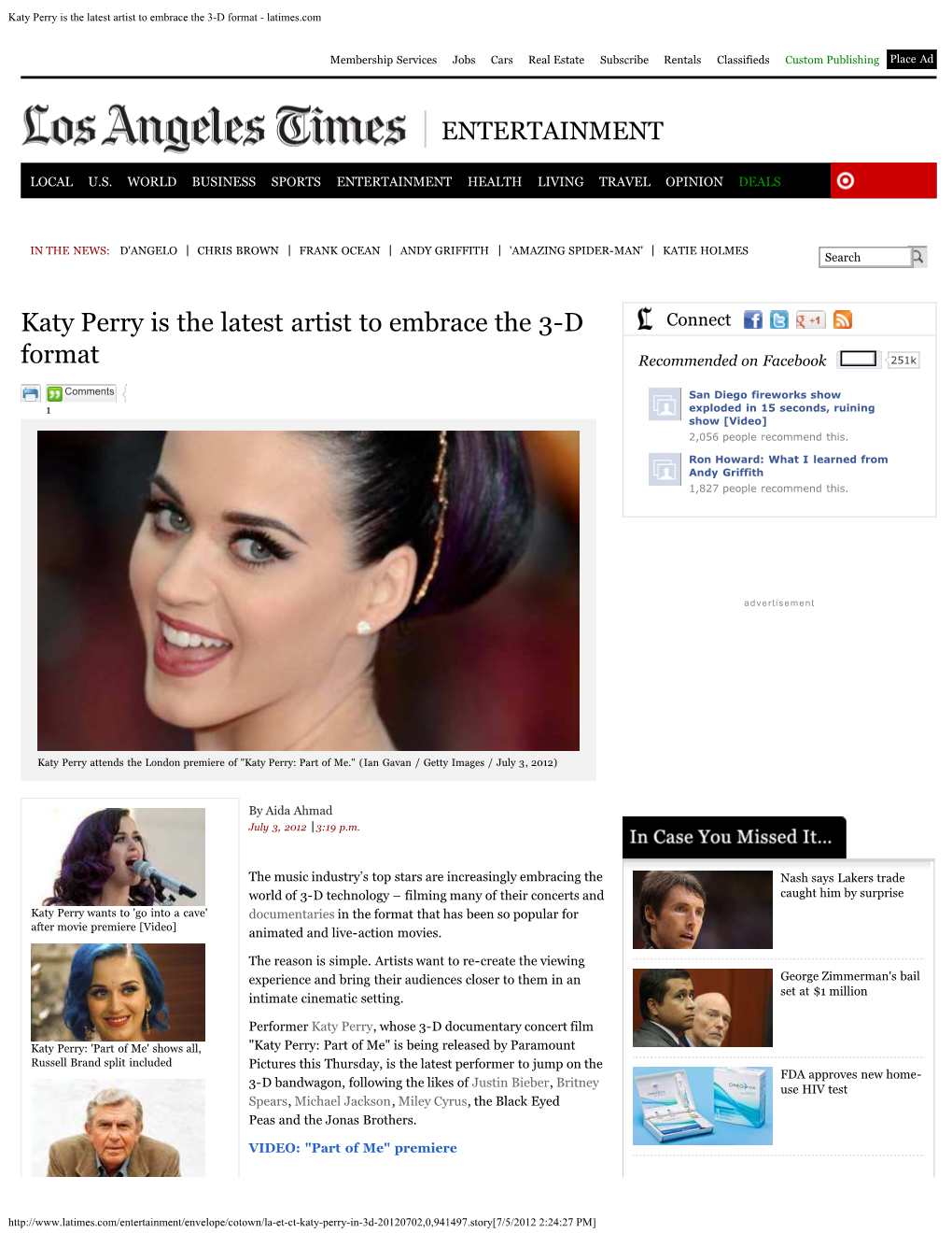 Katy Perry Is the Latest Artist to Embrace the 3-D Format - Latimes.Com