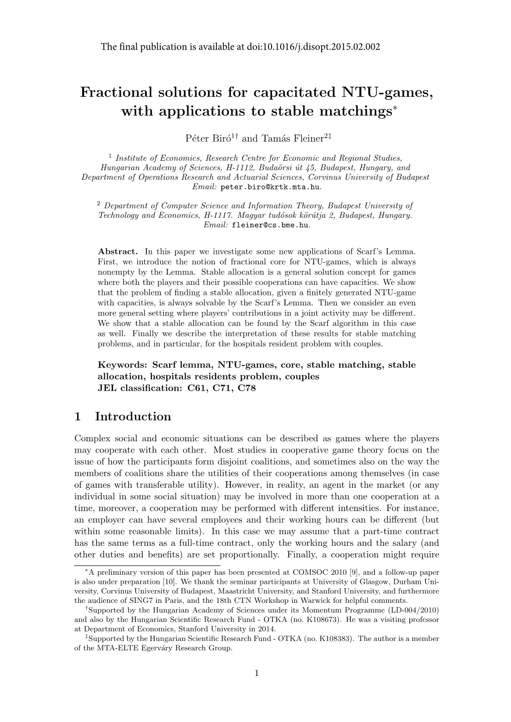 Fractional Solutions for Capacitated NTU-Games, with Applications to Stable Matchings∗