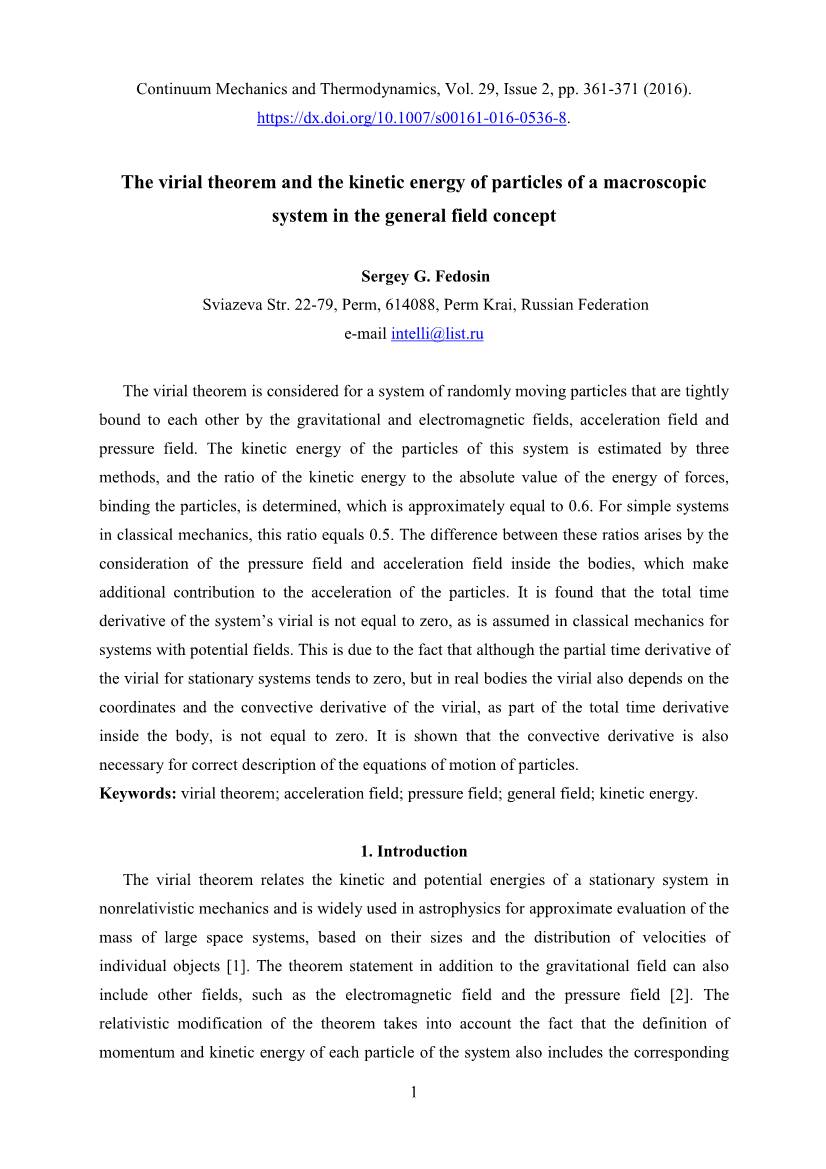 The Virial Theorem and the Kinetic Energy of Particles of a Macroscopic System in the General Field Concept