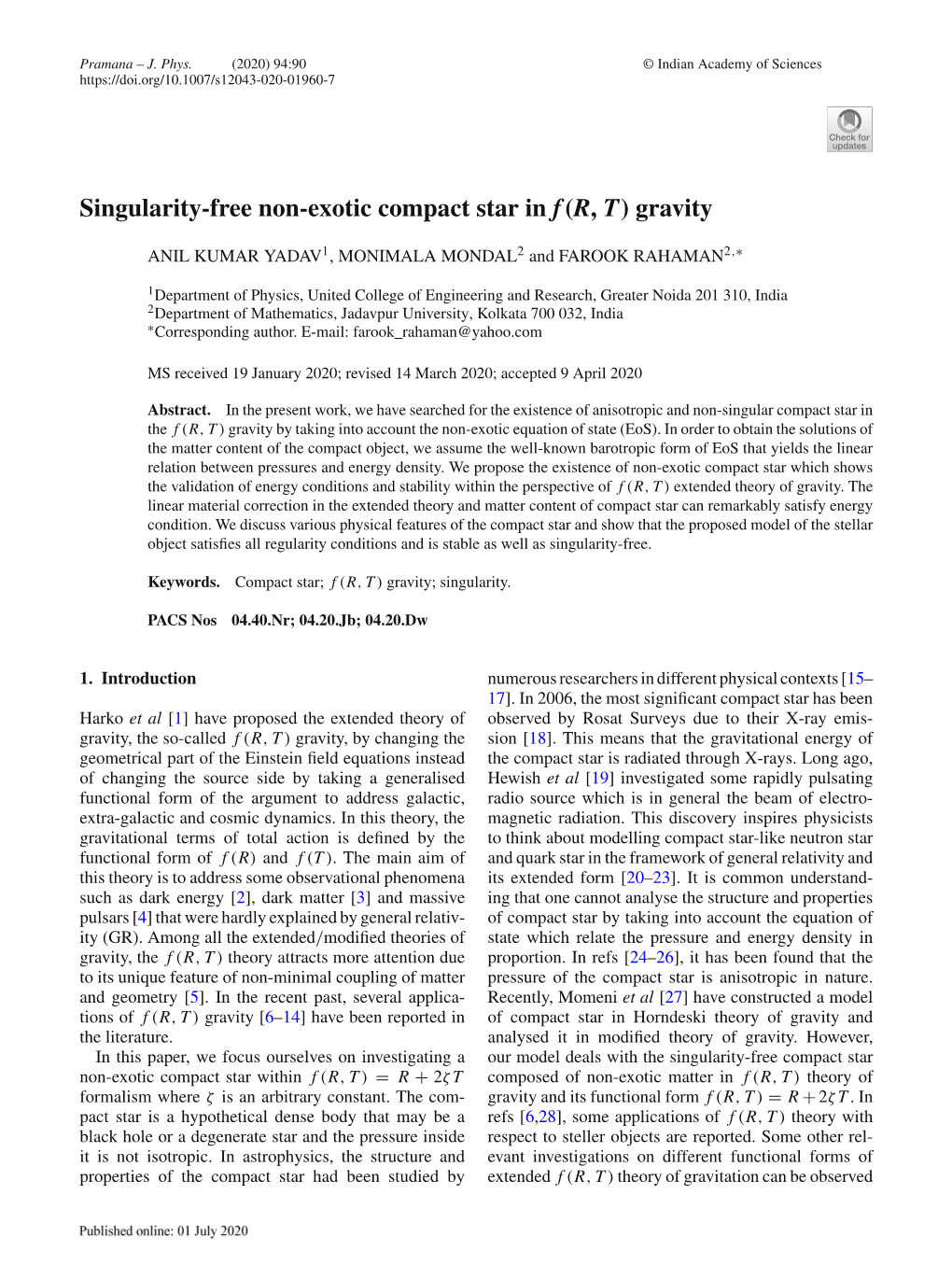 Singularity-Free Non-Exotic Compact Star in F(R, T)