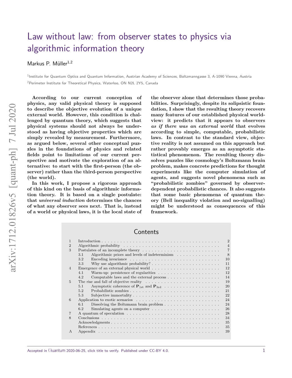 From Observer States to Physics Via Algorithmic Information Theory