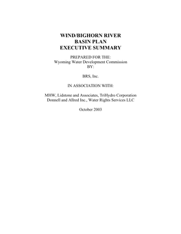 Wind/Bighorn River Basin Plan Executive Summary
