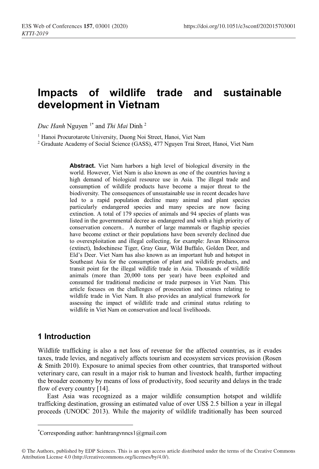 Impacts of Wildlife Trade and Sustainable Development in Vietnam