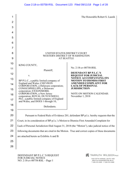 DEFENDANT BP PLC's REQUEST for JUDICIAL NOTICE NO. 2:18-Cv-00758-RSL