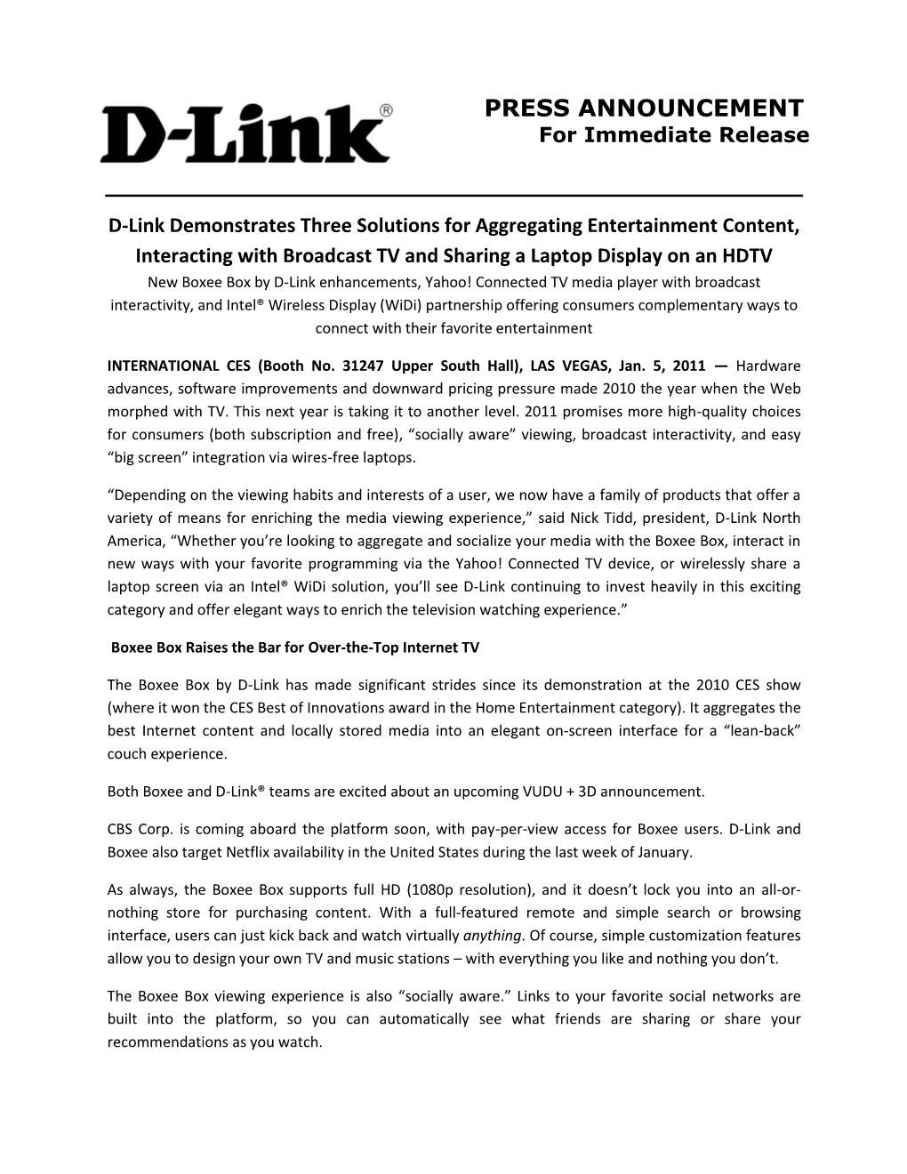 D-Link Demonstrates Three Solutions at CES 2011