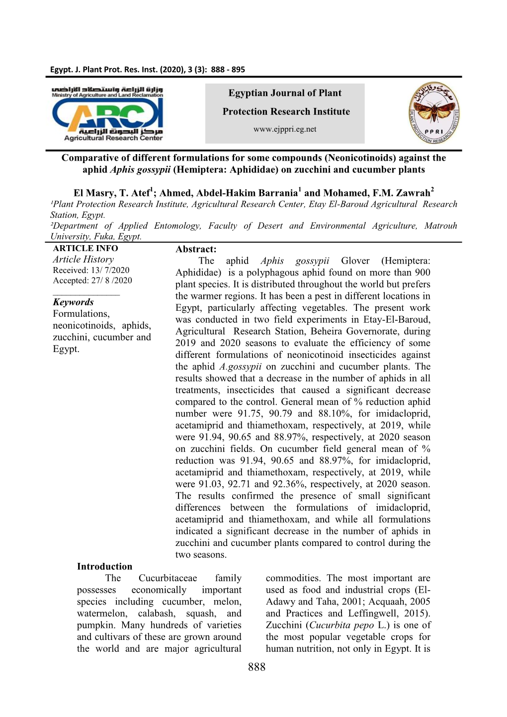 (Neonicotinoids) Against the Aphid Aphis Gossypii (Hemiptera: Aphididae) on Zucchini and Cucumber Plants