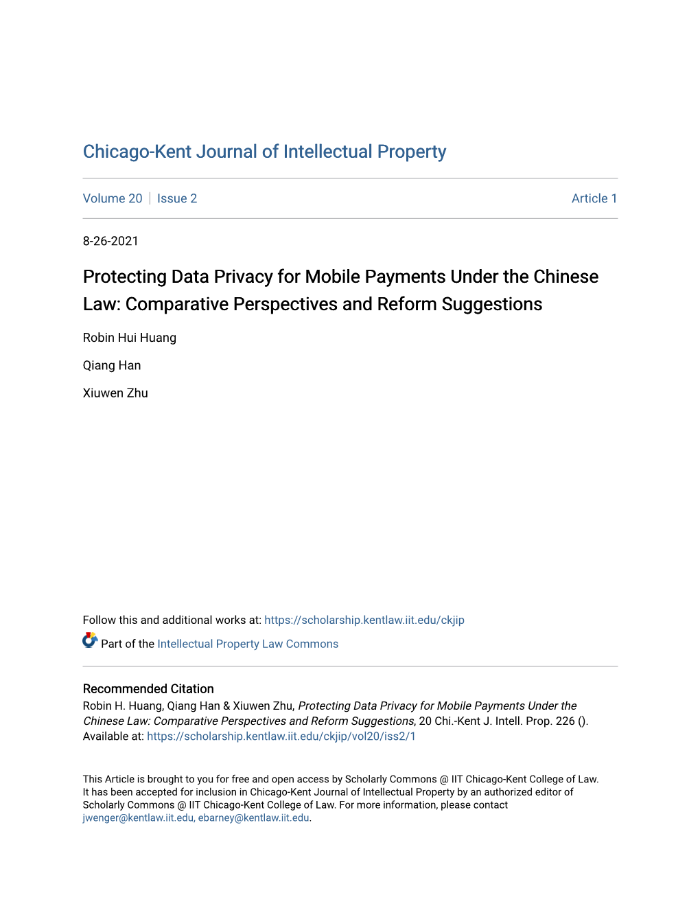 Protecting Data Privacy for Mobile Payments Under the Chinese Law: Comparative Perspectives and Reform Suggestions