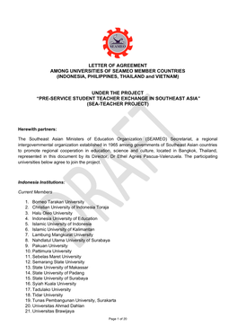 LETTER of AGREEMENT AMONG UNIVERSITIES of SEAMEO MEMBER COUNTRIES (INDONESIA, PHILIPPINES, THAILAND and VIETNAM)
