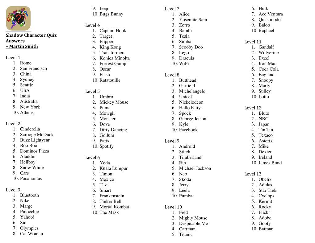 Shadow Character Quiz Answers