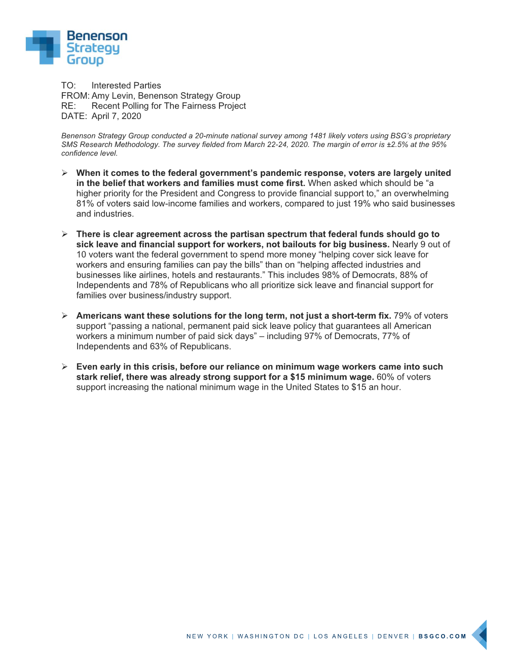 TO: Interested Parties FROM: Amy Levin, Benenson Strategy Group RE: Recent Polling for the Fairness Project DATE: April 7, 2020