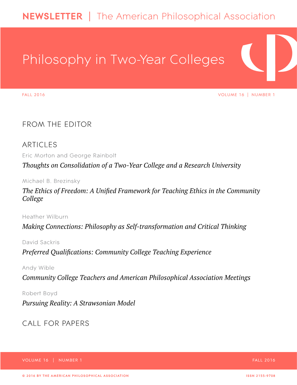 APA Newsletter on Philosophy in Two-Year Colleges, Vol. 16, No. 1