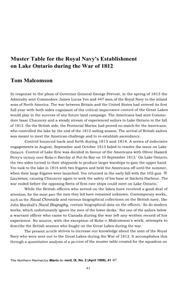 Muster Table for the Royal Navy's Establishment on Lake Ontario During the War of 1812 Tom Malcomson