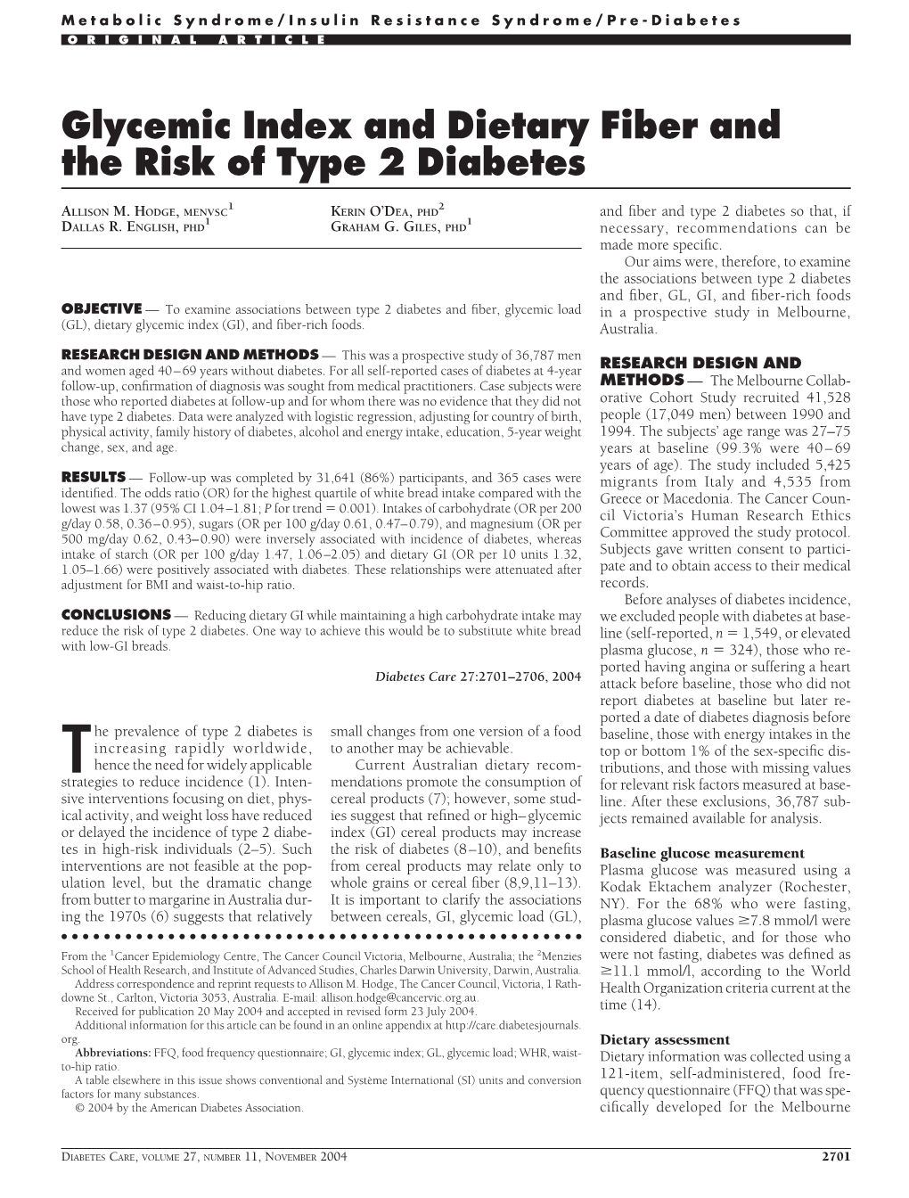 Glycemic Index and Dietary Fiber and the Risk of Type 2 Diabetes