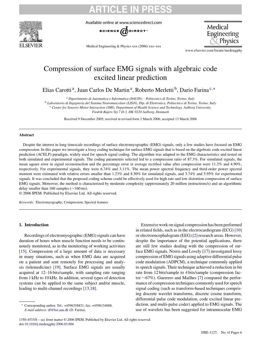 Compression of Surface EMG Signals with Algebraic Code Excited Linear Prediction